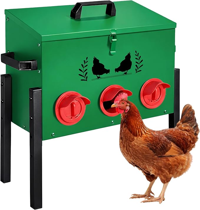 Large Capacity Automatic Chicken Feeder, 6 Port Chicken Feeder, 28LB Metal Chicken Feeders with Locking Lid & Adjustable Legs, No Waste Chicken Feeder, Green