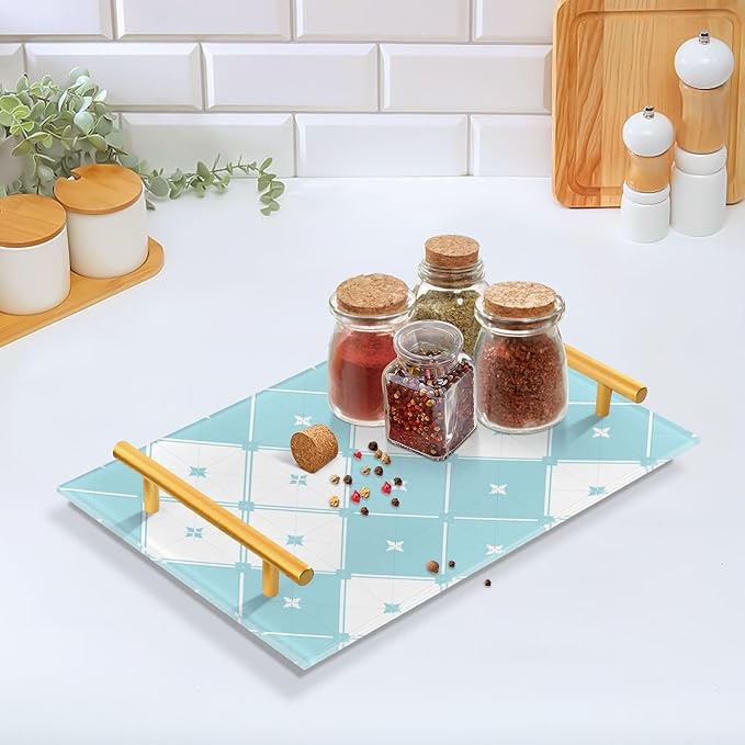 Bathroom Vanity Tray Counter Organizer, Check Blue White Decorative Tray with Handles Countertop Storage for Bathroom Bedroom Kitchen Home Farmhouse
