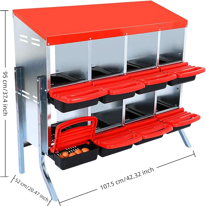Chicken Nest Box,8-Compartment Egg-Laying Box, Rolling Tilting Metal Hen House, Convenient for Collecting Eggs - Ventilated Chicken Poultry Equipment - Suitable for Hens, Ducks Red,with Stand