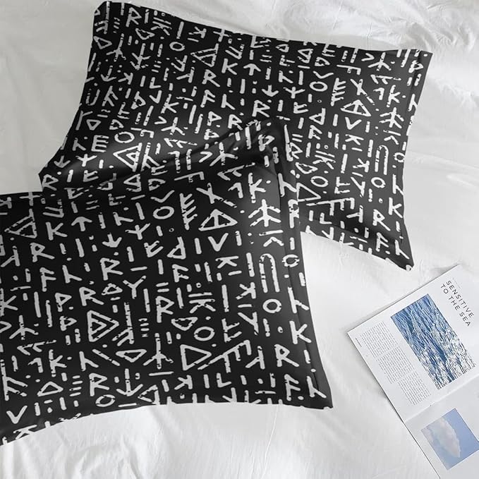 Comforter Set Queen Size, Gothic Viking Black 7 Pcs Bedding for Kids and Adults, Geometric Medieval Norse Bed Sheet Sets with Fitted Sheet 2 Pillowcases & 2 Shams for Bedroom Bed Decor
