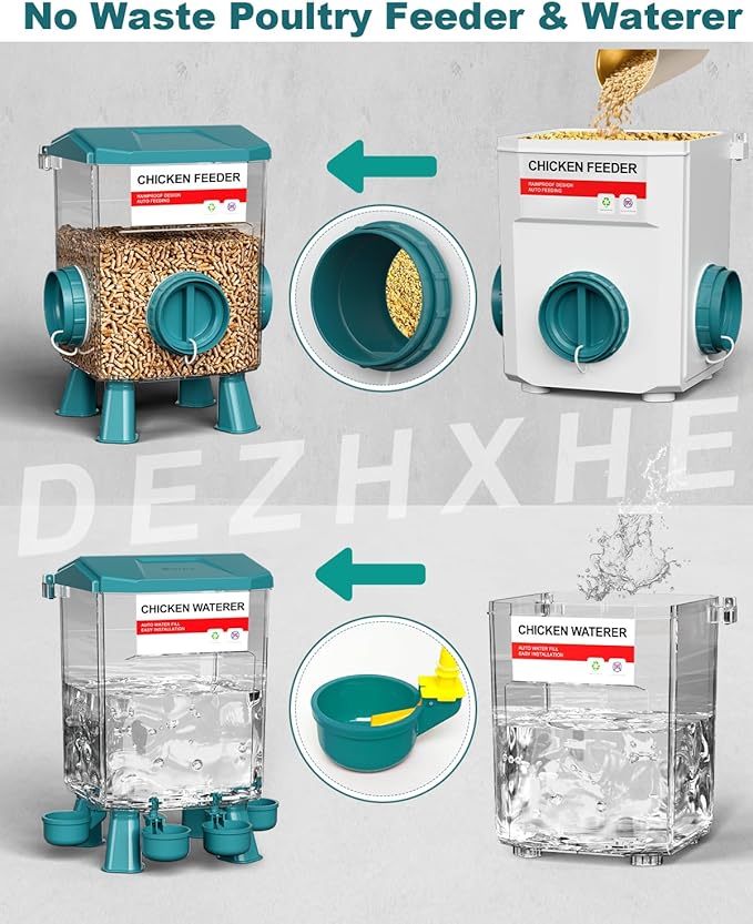 Chicken Feeder and Waterer Set, 3 Gallon/26.5 Pounds, Automatic Chicken Feeders and Chicken Waterer, Detachable for Chickens, Duck & Quail Coop Use, Outdoor Farm & Backyard (Lake Blue)