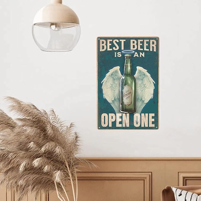 JOCASA Best Beer Is An Open-One Vintage Metal Poster Sign Decor-Retro Beer Theme Aluminum Metal Tin Sign for Garage Decor Bar Room Home Kitchen, Signs Gift,12''x 8''