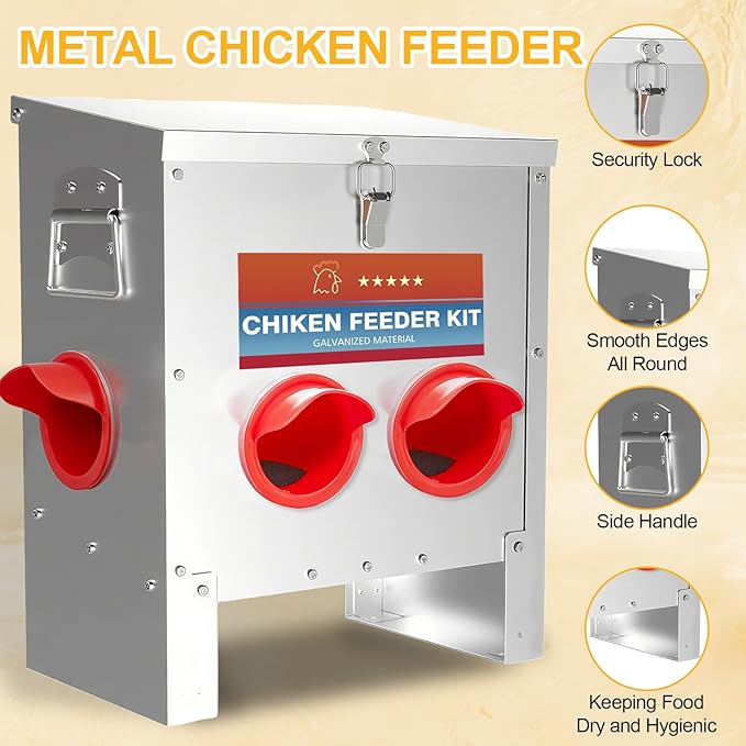 Automatic Chicken Feeder Large Capacity 25lbs Metal Chicken Feeder with Latch & Handle for Chickens, Geese, Ducks, Turkeys, Quails, Weatherproof (4-Port)