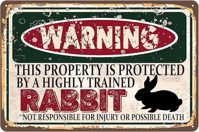 Vintage Rabbit Metal Sign， Warning this property is protected bY a highly trained Rabbit Sign Funny Tin Signs 12x8 Inch
