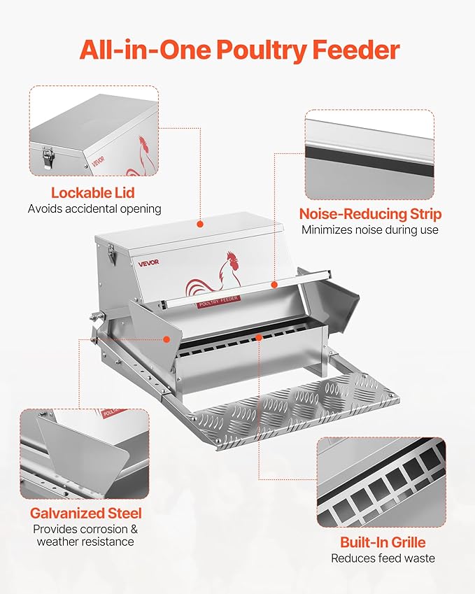 VEVOR Automatic Chicken Feeder, 25 lbs Capacity, Rainproof Treadle Poultry Feeder with Lockable Lid, No Waste, Galvanized Steel Construction, Outdoor Use, for Chicken, Bantams, Poultry, Pheasants