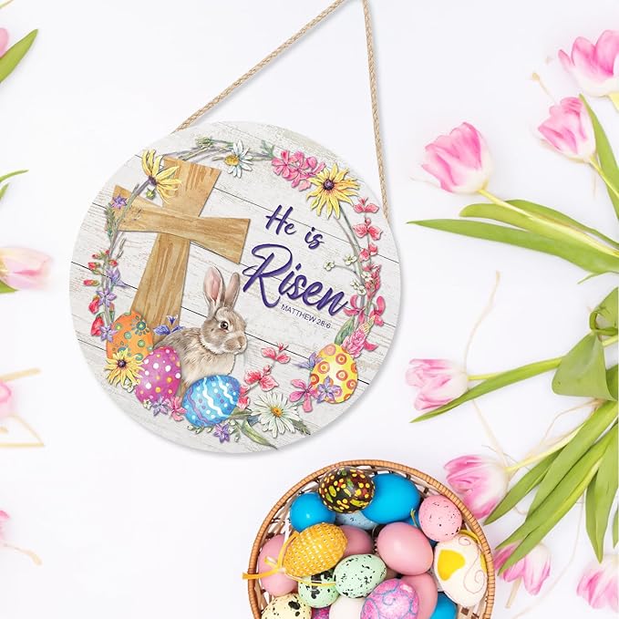 CHDITB Easter Religious Wooden Sign, He is Risen Christian Wooden Hanging Plaque,Bunny Easter Eggs Door Hanger, Easter Holiday Decor, Easter Floral Wreath Wall Art Sign Hanger for Easter Party