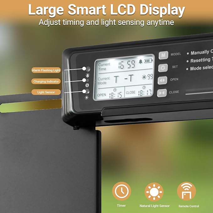 Automatic Chicken Coop Door Solar Powered | Chicken Coop Accessories Auto Chicken Door with LCD Display, 4 Working Modes, 7W High-Power Solar Panel & IP65 Waterproof