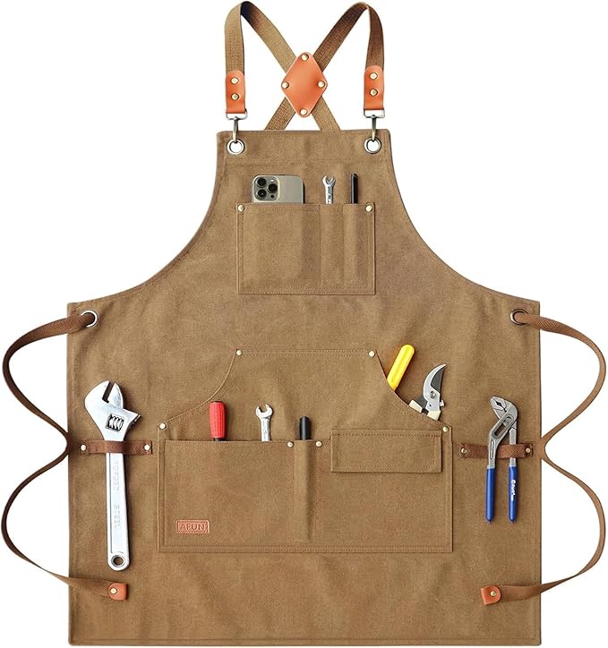 AFUN Work Aprons for Men with Large Pockets, Cotton Canvas Cross Back Heavy Duty Adjustable Tool Apron, Size M to XXL (Brown)