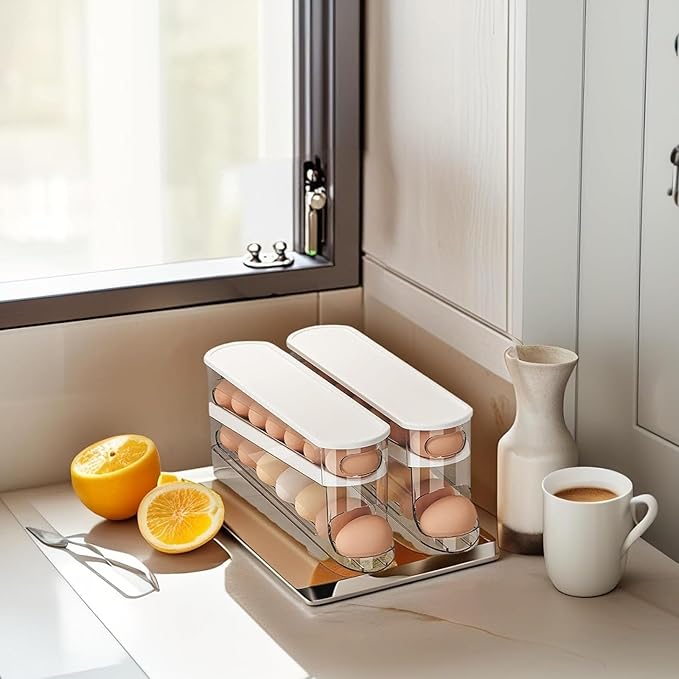 Auto Rolling Egg Holder for Fridge, Space Saving Eggs Dispenser, Sturdy and Durable Egg Traywith Lid, Stackable Fridge Container and Storage for 14 Large Eggs(1PCS)