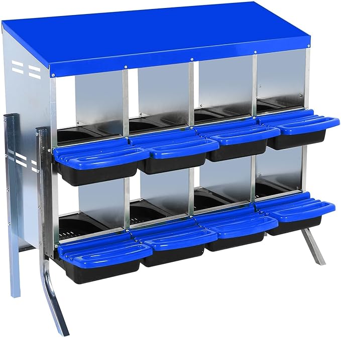 [8-Pack] Chicken Nest Box for Hens - Galvanized Steel Wall-Mounted or Freestanding Chicken Nest with Ventilation Holes - Poultry Nest Box with Legs for Egg Laying (Blue)