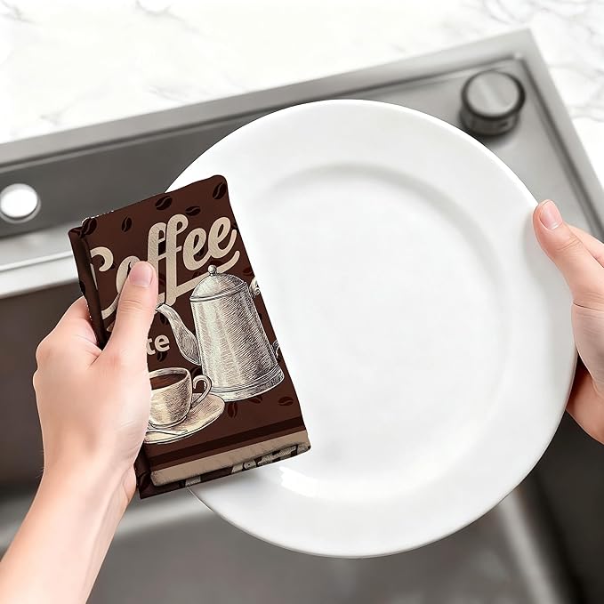 Vintage Coffee Kitchen Towels Decorative Set of 4, Brown Dish Towels Soft Absorbent Cute Tea Towel Hand Towel for Coffee Bar Drying Cleaning Kitchen Decor