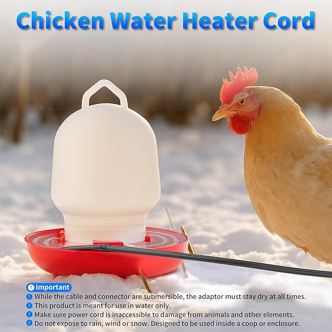 Chickens Water Heater Cord, 1-6 Gallons Heated Chicken Waterer for Winter, 9ft Freeze Proof Poultry Water Heater Cord, Prevents Water Freezing in Drinkers for Small Animals Rabbits, Ducks, Guinea Pigs