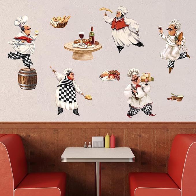 Mfault Italian Fat Chefs Wall Decals Stickers, Funny Cooker Baker Food Cooking Decorations Kitchen Art, Home Dining Room Restaurant Decor