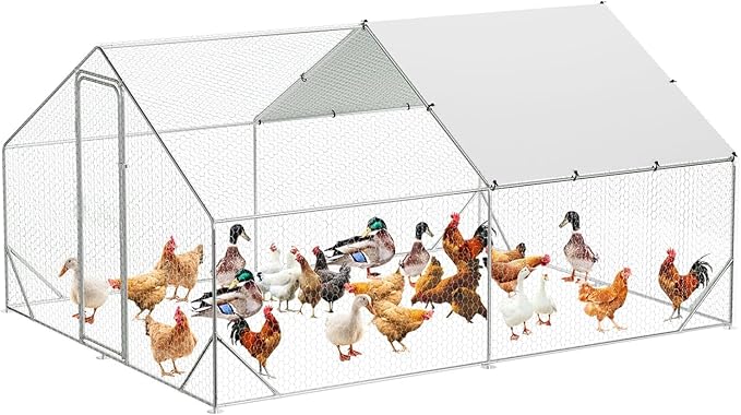 Garvee Large Chicken Coop, Metal Chicken Coop with Anti-Ultraviolet Waterproof Cover, Spire Roof Walk in Poultry Cage for Backyard and Farm Use, 9.8 ft x 13.1 ft x 6.6 ft