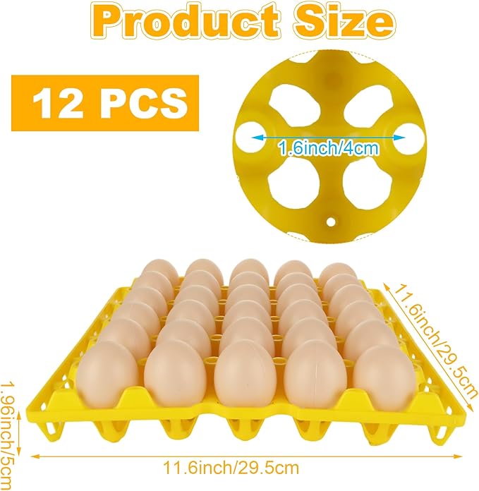 12 PCS Plastic Egg Tray Egg Crates for Fresh Eggs 30-Egg Flats for Chicken Home Farmers Stackable Egg Cartons for Storing Sorting and Shipping Eggs, Yellow