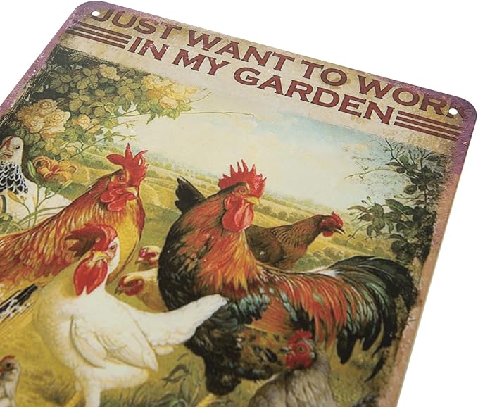 ERLOOD Just Want to Work in My Garden and Hang Out with My Chickens Farm Poster Vintage Metal Tin Sign Wall Plaque for Home Kitchen Bar Coffee Shop 12 X 8