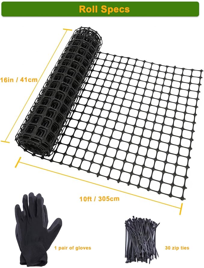 Plastic Chicken Wire Mesh Fence Roll - Black 16IN * 10FT Multi-Use Garden & Poultry Netting, Animal Barrier for Pets, Plants, Patio,Balcony, Snow Fencing & Temporary Indoor and Outdoor Use