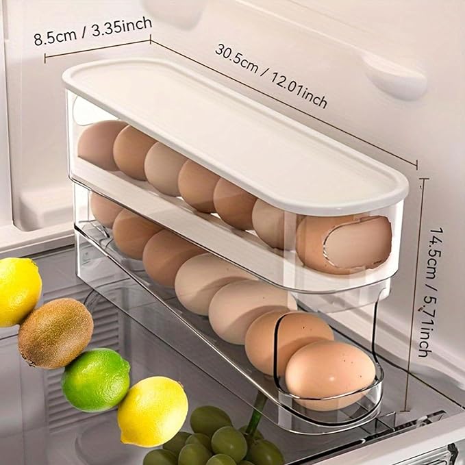 Auto Rolling Egg Holder for Fridge, Space Saving Eggs Dispenser, Sturdy and Durable Egg Traywith Lid, Stackable Fridge Container and Storage for 14 Large Eggs(1PCS)