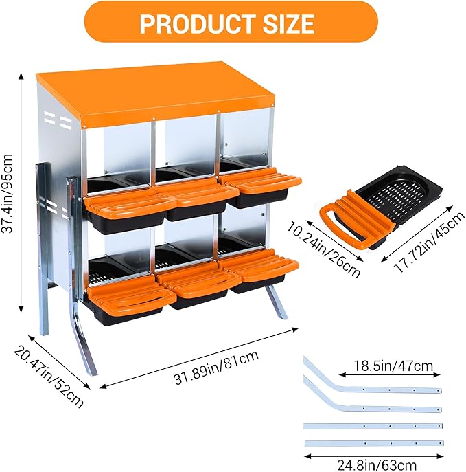 Chicken Nesting Box 6-Hole Roll Away Egg Laying Box with Lid & Stand, Galvanized Steel Rustproof Poultry Coop Box, Easy Clean, Wall Mountable No Bracket Needed for Hens, Orange