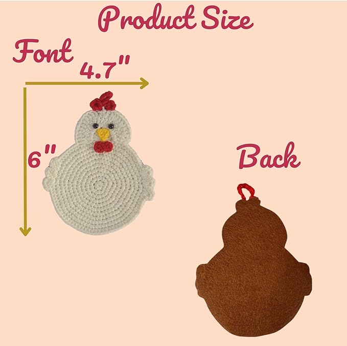Handmade Crochet Chicken Coasters Set of 4, Stuffed Animal-Themed Drink Coasters, Cute Desk Accessories, Home Decor, Tabletop Protection, Crazy Chicken Lady Must Have (Style 2)