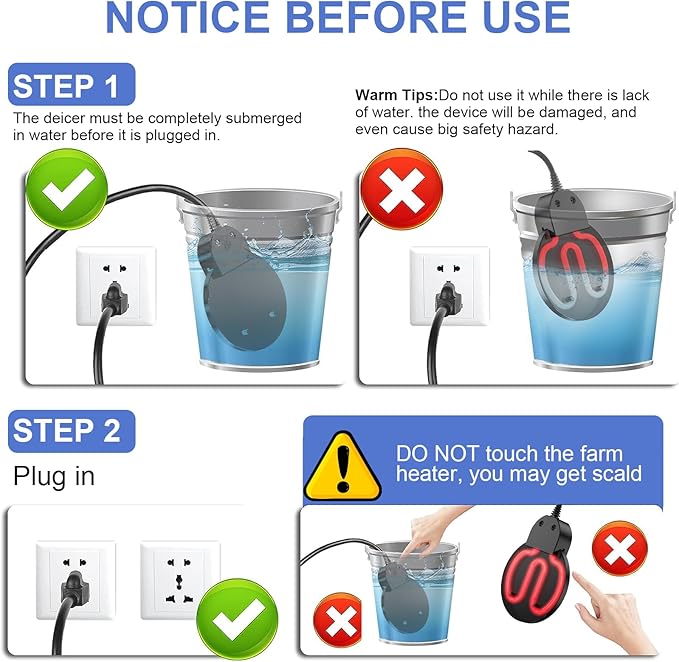 500W De-icer Submersible Bird Bath Heater - Ideal for Livestock, Poultry, Horses, Cows, Birds, Chicken Waterers - Winter Use - Aluminum Cast for Efficiency