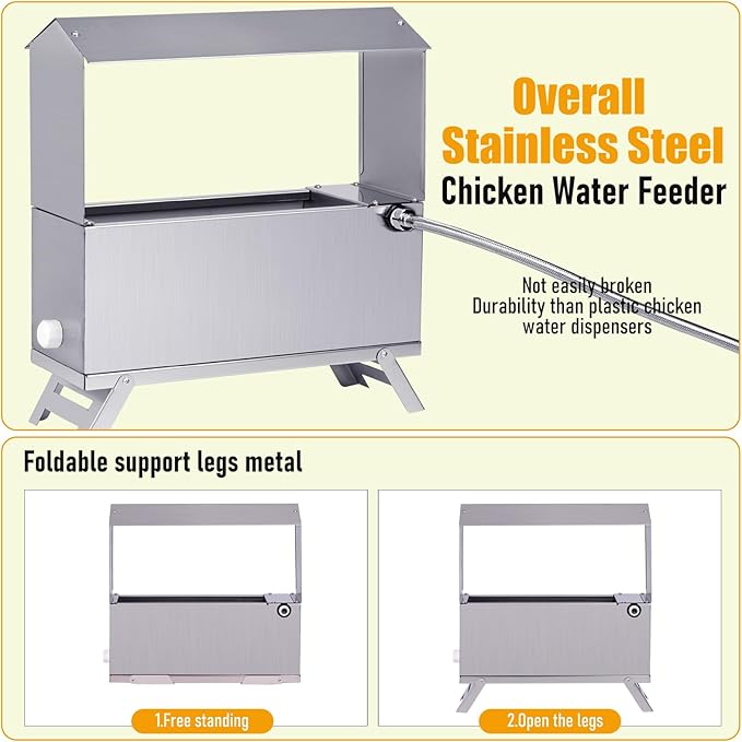 1.5 Gallon Automatic Chicken Waterer,Stainless Steel Chicken Water Feeder with Leg,Automatic Water Dispenser for Poultry Duck with Float Valve Kit,Hose and 1/2" to 3/4" GHT Adapter