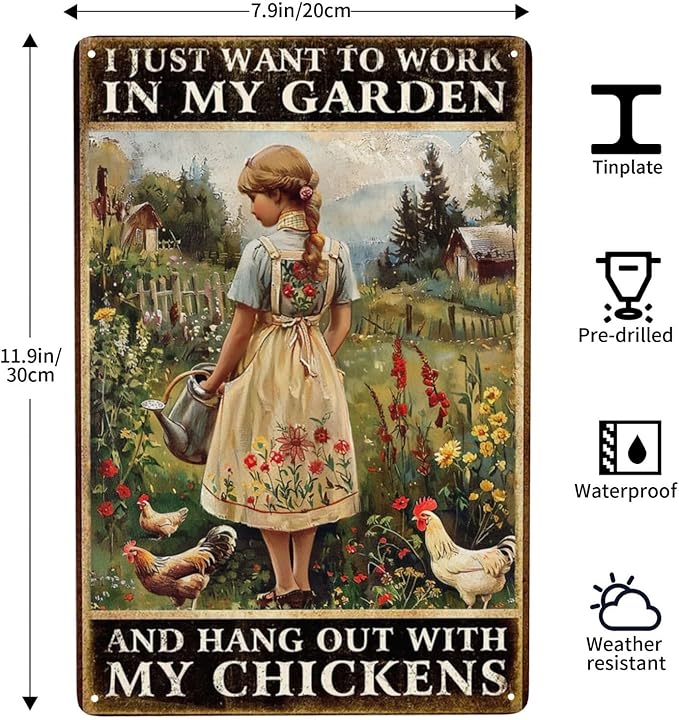 Vintage Girl Chicken Metal Tin Sign Farm Chicken Sign Poster Wall Decor-Retro Chicken Accessories Coop Signs Chicken Signs 8 x 12 inches