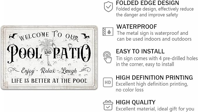 Generic Welcome to Our Pool and Patio Enjoy Relax Laugh Metal Signs Vintage Beach Metal Sign For Wall Decor Deck Backyard Bar Signs Patio Decor Outdoor Pool Decor 8x12 Inch