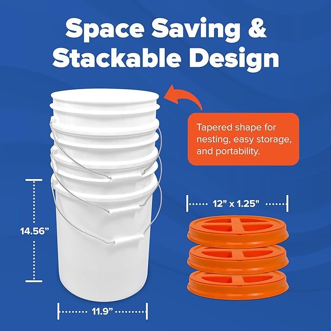 ePackageSupply 5 Gallon White Bucket with Orange Gamma Seal Screw on Airtight Lid | Made in USA | Food Grade | Heavy-Duty HPDE Plastic | Durable 90 Mil Pail | Easy Stack and Store | BPA Free (6 Count)