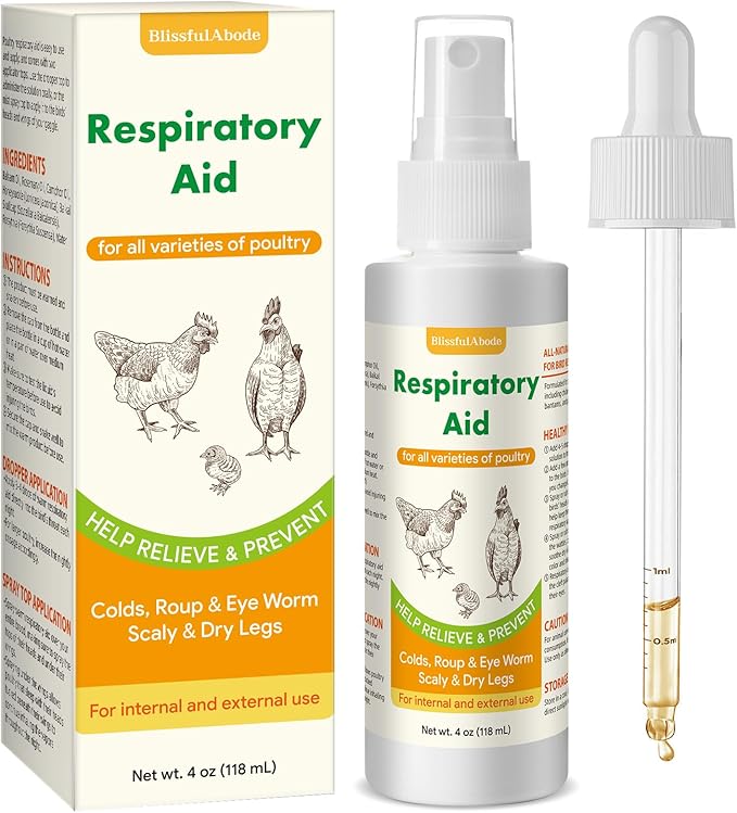 Respiratory Aid for Chicken, Poultry Supplement for Coughing, Sneezing & Nasal Relief, All-Bird Safe Formula, Drinking Water Additive, Dropper & Spray Top Included, 4Oz (118ml) Natural Liquid