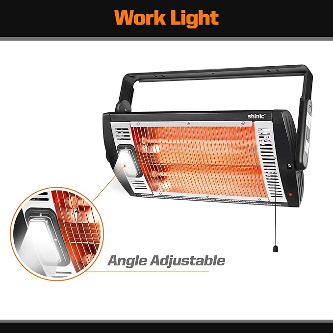 Shinic 2 Packs Electric Garage Heaters, 1500W/750W Ceiling Mounted Heater Radiant Heaters with Halogen Light, 90 Degree Rotation, 5 Mode Settings, Space Heater for Garage, Shop, Large Room and Patio