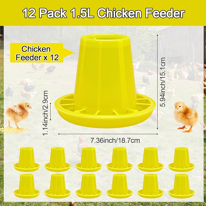 12 Pack Small Chicken Feeder and 1.5L Baby Chicken Waterer Set Bulk Chick Feeder Chick Drinker for Poultry Ducks Goose Quail Pigeons (Feeding)