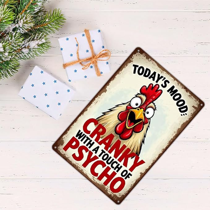 FunnySign Chicken Gifts Rooster Décor Today's Mood: Cranky With A Touch Of Psycho Rustic Tin Sign For Home Farm Chicken Coop Decor 8x12 Inch (9711)