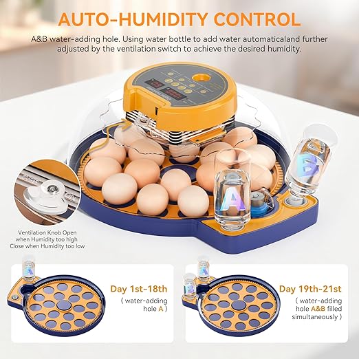 18 Egg Incubator for Hatching Eggs, Chicken Incubator with Automatic Turner, Digital Temperature Control & Humidity Display, Built-in Egg Candler, for Hatching Chicken, Duck, Goose, Home, School Use