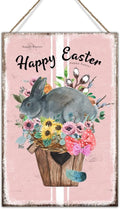 Happy Easter Flower Basket Bunny Wall Decor Wood Signs French Style Floral Pink Stripes Wood Art Plaque Spring Farmhouse Decor Easter Bunny Wood Plaque for Living Room 8x12in