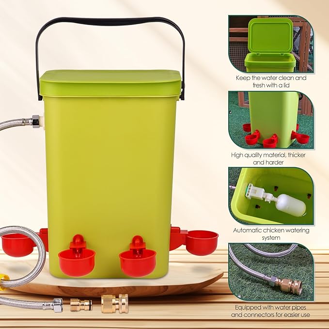 Automatic Chicken Waterer with Float Valve, 3.2 Gallon Hanging Poultry Waterer with 6 Water Cups, Large Duck Quail Turkey Goose Chicken Coop Water Dispenser