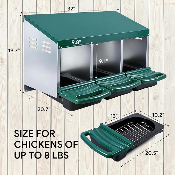 Chicken Nesting Boxes with 3 Cozy and Roll-Away Design - Chicken coop Nesting Boxes,Private Laying Spot & Enables Effortless Egg Collection (Green)