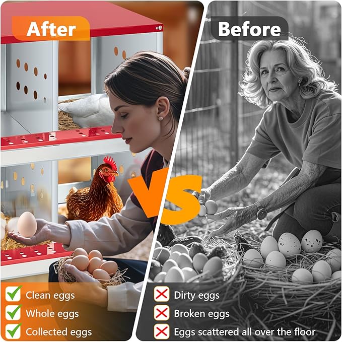Metal Chicken Nesting Boxes - 6 Hole Wall-Mountable Laying Boxes with Lid & Roll-Away Egg Collection, Weatherproof Galvanized Steel, for Chicken Coop, Red