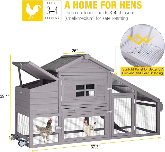 Aivituvin Chicken Coop with Run and Wheels, Mobile Outdoor Hen House Wooden Poultry Cage with Waterproof Roof (Grey, AIR23)