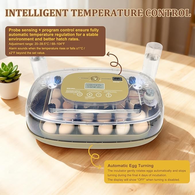 Series III - 24 Egg Automatic Incubator, Full-Stage Adaptive Humidity (Dual-Bottle) & Auto Temp Control, Custom-Interval Auto Turn & Auto Stop, Preset Incubation Days, Adjustable Egg Spacing, Candler