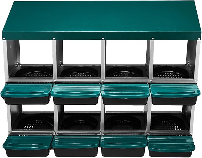 8 Compartment Chicken Nesting Box with Roll Away Egg Design - Wall Mount Hen Laying Box with Pull-Out Trays for Easy Egg Collection, Cleanable & Chicken Coop Accessories, 8 Holes, Green