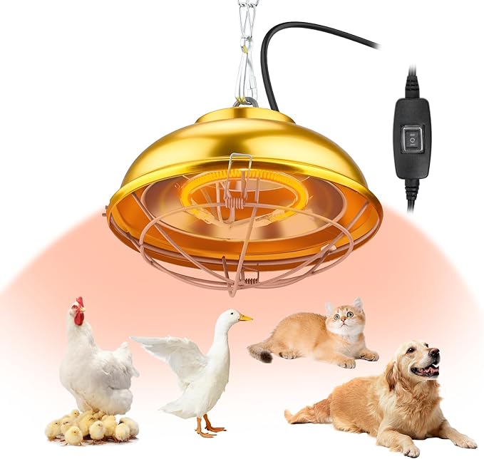 Heat Lamp for Chicken Coop, 300 Watts chicken coop heater with Adjust 2 Mode temperature &Hanging Height,Waterproof,Forlndoor & Outdoor Used,Suitable for Amphibians,Chick, Duck,Pets (round 300W)