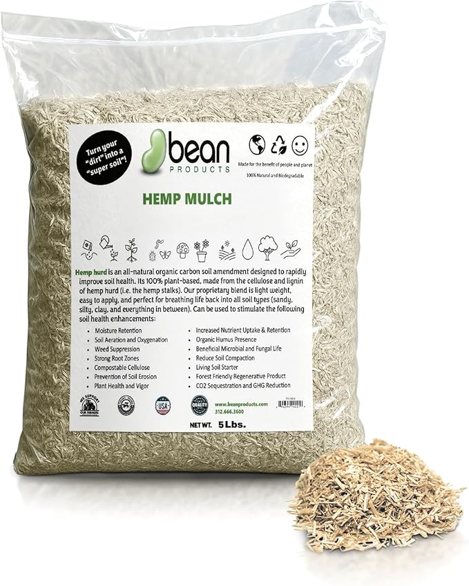 Garden Bed Organic Soil Conditioner - Hemp HURD Garden Mulch - Eco Friendly Potting Soil Aid - Moisture Retaining - Weed Suppressor - Perfect for Flowers & Vegetables - Grown in The US - 5 lbs.