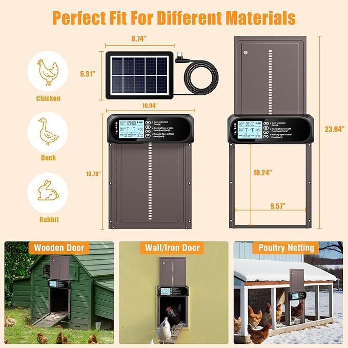 Automatic Chicken Coop Door Solar Powered, LCD Screen Electric Auto Chicken Coop Door with Timer & Light Sensor, Aluminum Rechargeable Automatic Chicken Door Opener with Remote Control & 4 Modes