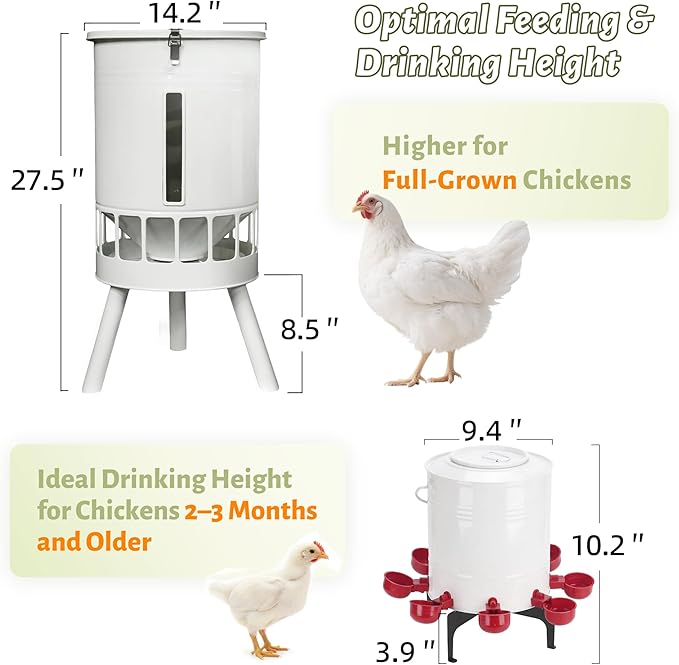 KOL 50LB Chicken Feeder & 5 Gallon Chicken Waterer Set, All-Metal 16 Port Feeder + 8 Cup Auto Waterer, No Waste, Weatherproof Poultry Feeding System Chicken Coop Accessories