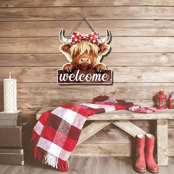 Farmhouse Wall Decor, Highland Cow Welcome Sign with Red Bow, Rustic Wood Hanging Plaque, Watercolor Oil Painting Style Farm Animal Wall Art for Country Porch Kitchen or Entry, 9.8x9.6 Inches