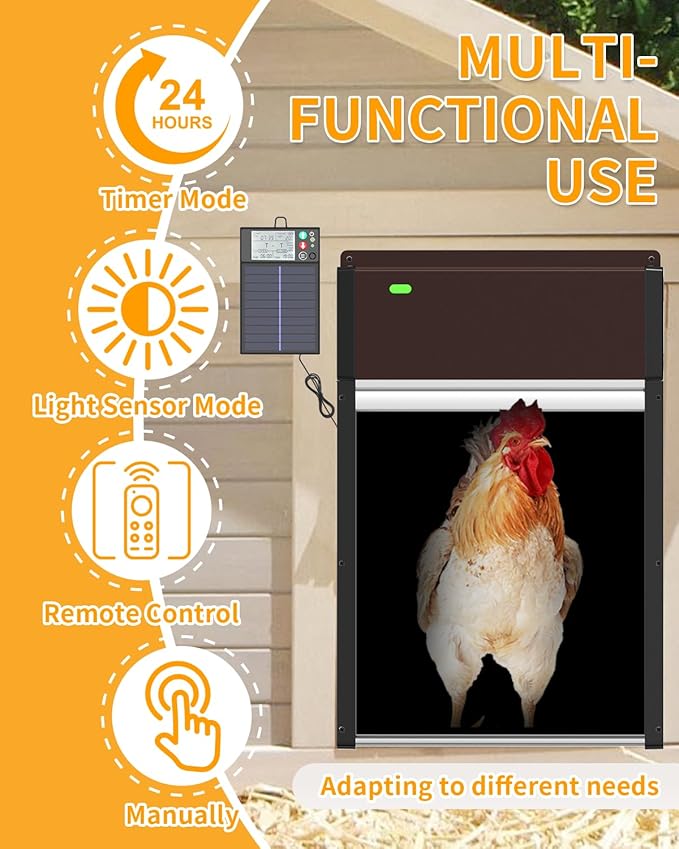Large Automatic-Chicken-Coop-Door-Solar - Powered, LCD Display with Smart Timer, Light Sensor & Anti-Pinch Safety, Remote Control 4 Modes