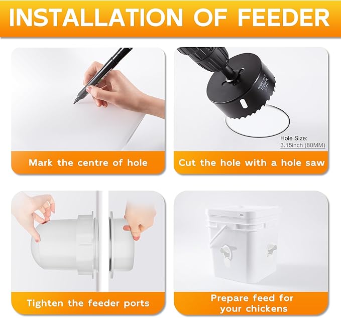 Chicken Feeder Port 8 Pack Poultry No Waste Port Kit with Stopper Lid, 1 Hole Saw, DIY Automatic Reusable Coop Feeders, Rain Proof Gravity Feeding Geese Duck Hens Rooster for Bucket Barrel Bin (White)