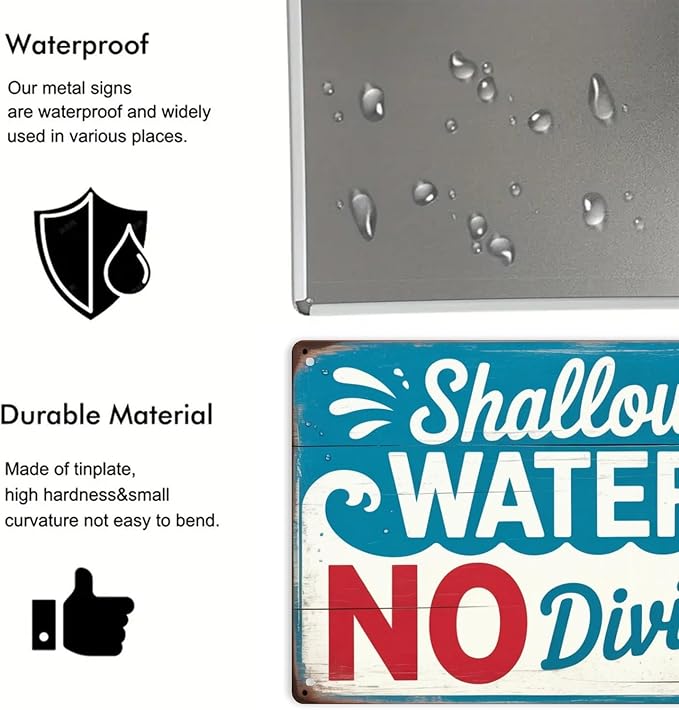 Shallow Water No Diving Tin Sign Vintage Swimming Pool Rules Metal Sign Print Aesthetic for Garden Yard Bar Porch Home Bedroom Kitchen Wall Decor Gift 8 X 12 in