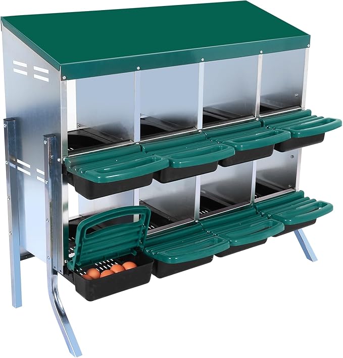 Chicken Nesting Box, 2-Tier Chicken Egg Laying, 8 Compartments Chicken Laying Box for Hens, 8 Room Metal Nesting Boxes for Chicken, Roll Away Nest Box with Lid Cover to Protect Eggs, 8 Holes Green